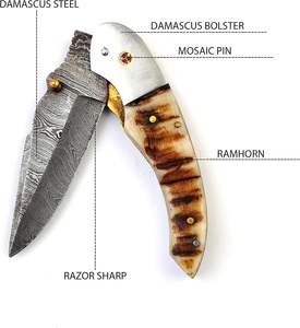 Navaja de bolsillo plegable de acero de Damasco OEM personalizable, hecha a mano, con mango de cuerno, estilo botón de presión, para camping al aire libre, bricolaje, 3 años de garantía. - Product Image 2