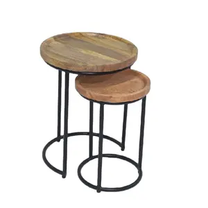 Top Quality Natural Finish Mango Wood Round Top and Iron Base Coffee Table Side Table Set of 2 for Home, Hotel and Restaurant