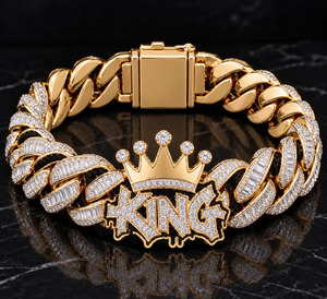 Bracelet Couronne de Roi en Moissanite Taille Baguette et Ronde, Or Jaune 14K, Chaîne Cubaine, Bijoux Hip Hop pour Hommes - Product Image 6