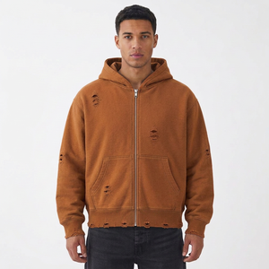 Sweat à capuche zippé pour homme, effet vieilli, avec impression graphique personnalisée, en molleton épais, style streetwear urbain, fabricant grossiste - Product Image 6