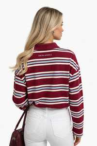 เสื้อโปโลแขนยาวลายทางสีแดงเบอร์กันดี น้ำเงิน ขาว คอปกติดกระดุม เสื้อถักลำลอง - Product Image 2