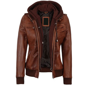 Women's Bomber Cognac Brown Leather <b>Jacket</b> with Removable Hood Premium Soft Lambskin Female Apparel - Product Image 1