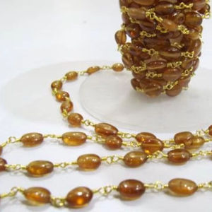 Natural Hessonite Garnet 6-9mm Oval Yellow Brass Beaded <b>Rosary</b> Chain - Product Image 2