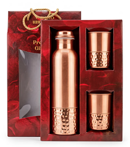 Hammered Copper Water Bottle with 2 Cups Reusable Travel <b>Mug</b> <b>Set</b> Gift for Adults Solid Metal Design Vintage Screw-On Cap - Product Image 1
