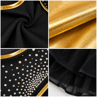 Ensemble soutien-gorge et jupe de cheerleading personnalisé noir et or avec strass AB, dos croisé en treillis et nœud, jupe à volants à 2 niveaux, 6 couleurs
