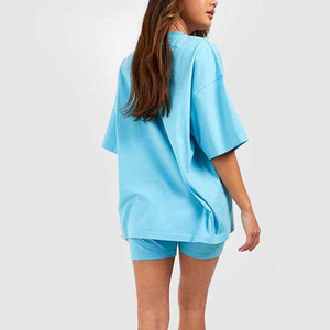 Conjunto Casual de 2 Piezas para Mujer, Shorts y Camiseta de Punto Azul Claro, Cuello Redondo, Manga Corta, Corte Holgado, por Encima de la Rodilla, Color Sólido, Algodón Transpirable - Product Image 2
