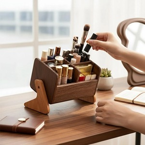 Wooden Cosmetic Organizer Storage <b>Box</b> Multifunctional Makeup Holder Table Top Minimalist Design Rectangle Shape Opened Cover - Product Image 1