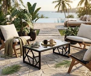 Modern Luxury Geometric Wicker <b>Coffee</b> <b>Table</b> Outdoor Patio <b>Garden</b> Synthetic PE Rattan Tea <b>Table</b> With Glass Top - Product Image 1
