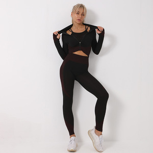 Seamless Yoga Set <b>Crop</b> <b>Top</b> High Waist Leggings Full Length Zipper Closure Black Two Piece Fitness Wear Breathable Sportswear - Product Image 5