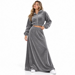 High Quality Chocolate Brown Velour Crop Zip Jacket Floor Length flare Skirt Custom Manufacturer <b>Women's</b> <b>Velvet</b> <b>Tracksuit</b> Hoodie - Product Image 5
