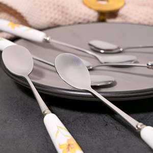 Commercial Stainless Steel Daffodil Print Dessert Spoons <b>Set</b> of 6 Long Handle Serving & <b>Tea</b> Spoon for Hotels PC Material - Product Image 2