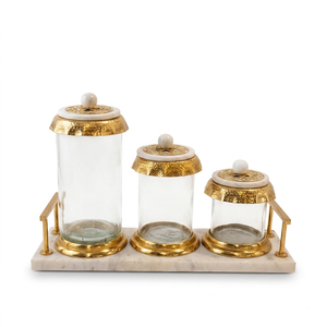 Juego de 3 Recipientes de Vidrio con Base de Mármol, Tapa con Borde Texturizado Dorado, Recipientes de Cocina para Almacenamiento de Alimentos - Product Image 1