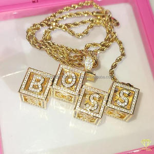 Luxury Moissanite Diamond " BOSS " Letter Block Pendant With Gold <b>Rope</b> <b>Chain</b> Hip Hop Necklace Jewelry - Product Image 2