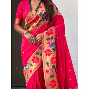 Sari en soie Paithani rose tissé Zari avec grande bordure, élégant pour les soirées, Elite Weaves 650g - Product Image 3