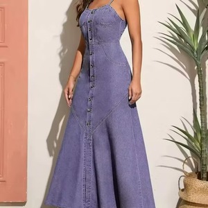 Vestido de mezclilla maxi sin mangas azul de nuevo diseño para mujer, informal y formal, con un solo botón, de marca, al por mayor. - Product Image 1