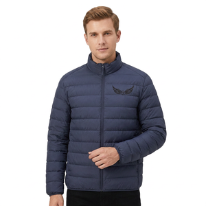 Men's Navy Blue <b>Jacket</b> Stand Collar Zipper Front Embroidery Logo Windproof Casual <b>Winter</b> Wear - Product Image 2