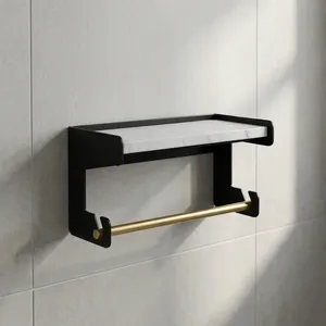 Modern <b>Wall</b> <b>Mounted</b> Marble <b>Shelf</b> with Towel Bar Bathroom Storage Rack Metal Organizer Holder for Vanity Washroom Decor - Product Image 3