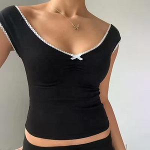 Top Básico Elástico con Volantes y Cuello en V para Mujer, con Lazo y Encaje Dulce, Colección Primavera 2026 - Product Image 2