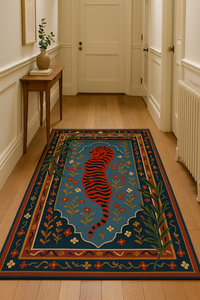 Alfombra de Lana Minimalista de Lujo para Interiores Modernos, Diseño Sólido Naranja con Borde Azul Cheetah, Hecha a Mano, Reversible, Antideslizante - Product Image 4