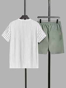 Men's Plus Size Striped Cotton <b>Knitted</b> Casual T-Shirt And Shorts <b>Set</b> Summer Wear - Product Image 2