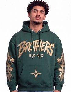 Sweat à capuche épais personnalisé pour homme, bleu marine, avec imprimé graphique texte orange, broderie feuille d'arbre cyan sur la manche, style streetwear, en polaire - Product Image 6