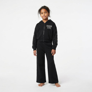 Chándal con capucha para niños, manga larga, hombros caídos, con pedrería, corte holgado, estilo casual, moderno, color negro - Product Image 1