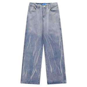 Jean cargo décontracté pour hommes et garçons, 100 % coton, taille haute, coupe droite, extensible, délavé, avec imprimé et fermeture éclair - Product Image 1