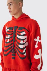 Sudadera con Capucha Oversize para Hombre, 100% Algodón, con Estampado Puff de Esqueleto Rojo Cruzado, Ropa de Halloween, 450GSM, Personalizada - Product Image 3