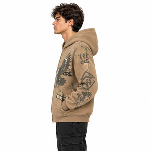 Sudadera con capucha y cremallera extragrande para hombre, color caqui, con estampado gráfico de águila, estilo streetwear. - Product Image 4
