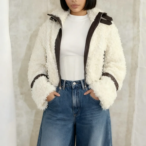 Veste décontractée d'hiver pour femme avec col rabattu, patchwork en velours et logo, design respirant - Product Image 6