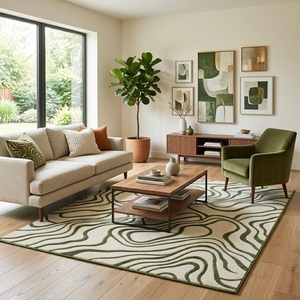 Tapis en laine fait main tufté à motifs abstraits vertes, motif contour moderne ivoire, sur mesure, pour décoration intérieure – Approvisionnement direct usine - Product Image 3