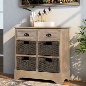 <b>Rustic</b> Two-Drawer Storage <b>Cabinet</b> with Four Classic Rattan Baskets for Dining Room Entryway or Living Room Decor - Product Image 2