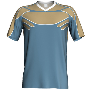 เสื้อฟุตบอลชายแบบกำหนดเอง คอวี แขนสั้น สีน้ำเงินทอง ลายพิมพ์แบบซับลิเมชั่น โพลีเอสเตอร์ ชุดทีม - Product Image 1