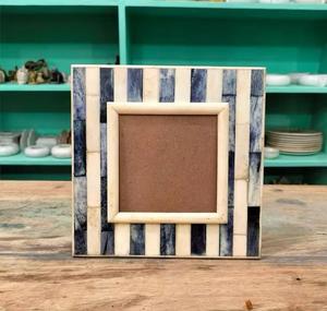 Handmade Eco-Friendly Square <b>Wooden</b> <b>Photo</b> <b>Frame</b> with Embossed Blue and White Striped Inlay Modern Tabletop Display - Product Image 1