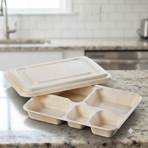 Barquettes repas biodégradables et compostables en pulpe de canne à sucre à 5 compartiments avec couvercle jetable écologique pour boîtes à lunch - Product Image 2
