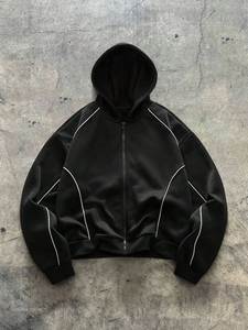 Wholesale Custom High Quality Black Zip Up Hoodie Men Oversized <b>Fleece</b> Hooded <b>Jacket</b> With White Piping Streetwear - Product Image 1
