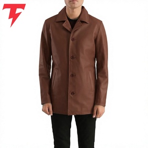 Abrigo Largo de Cuero Genuino para Hombre, Cuello Vuelto, Cierre de Botón, Corte Regular, Color Marrón - Product Image 2