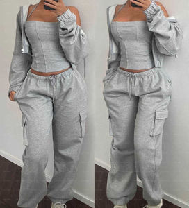 Unisex 3-Piece Cotton French Terry Breathable Casual Sports <b>Cargo</b> Sweatpants Hoodie <b>Pant</b> Set Puff Printed Streetwear Embroidery - Product Image 4