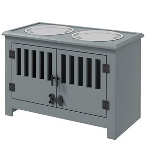 Armoire de rangement pour aliments pour chiens gris avec gamelles en céramique portables et mangeoire lente pour station d'alimentation pour animaux de compagnie - Product Image 1