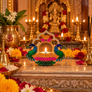 Diya en laiton à double motif paon et travail miroir pour la décoration de la maison à Diwali, la décoration festive de la Puja et les cadeaux traditionnels indiens pour Diwali ! - Product Image 5