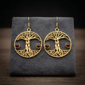 Wholesale Natural Garnet Cabochon Brass <b>Earrings</b> Handmade Red Gemstone Dangle Jewelry - Product Image 2