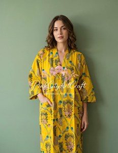 Robe kimono indienne artisanale en coton, imprimé floqué Jaipuri, jaune, longueur ras du sol, coupe ample, peignoir, vêtement de nuit d'été, kaftan - Product Image 2