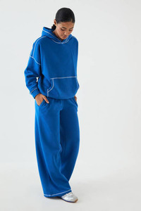 Women Blue Oversized Hoodie Sweatpants <b>Set</b> Casual Streetwear <b>Two</b> <b>Piece</b> Tracksuit Contrast Piping Jogger <b>Lounge</b> Wear Outfit Trend - Product Image 3