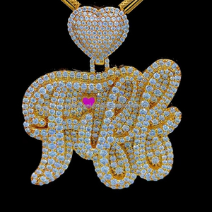 Joyería Popular Hip Hop brillante 3D Iced Out VVS Moissanite diamante corazón fianza letra nombre chapado en oro colgante collar - Product Image 1