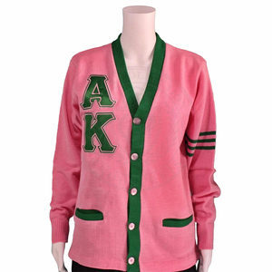 Suéter de Mujer de Punto Acrílico con Bordado Verde de la Letra AKA, Cárdigan Rosa de la Hermandad Alpha K, Manga Larga, Ropa Universitaria - Product Image 1