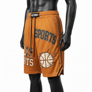 Pantalones Cortos de Baloncesto de Malla de Poliéster Premium de 180 GSM, Color Naranja Óxido, con Parche de Chenilla, Etiqueta Tejida y Panel de Rayas - Product Image 4