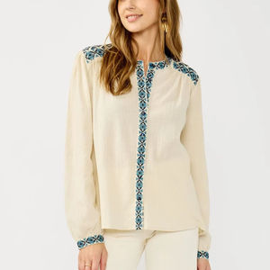 Chemisier brodé en coton pour femme, manches longues, style bohème décontracté, coupe ample, vintage, ODM, été/hiver - Product Image 1