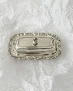 Plat à beurre en laiton avec couvercle et poignée, motif floral, plaqué argent, qualité alimentaire, plateau à beurre de haute qualité, décoration de table. - Product Image 6