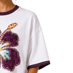 Camiseta Blanca Extra Grande para Mujer con Estampado Gráfico de Flor de Hibisco Morado, Camiseta Casual de Algodón para Verano, Personalizada OEM ODM al por Mayor - Product Image 4