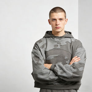 เสื้อฮู้ดดี้ผู้ชายสไตล์วินเทจสีเทาแบบมีรอยขาดแต่งผ้าปะติด ทรงโอเวอร์ไซส์ สวมใส่สบายๆ สไตล์สตรีทแวร์ - Product Image 5